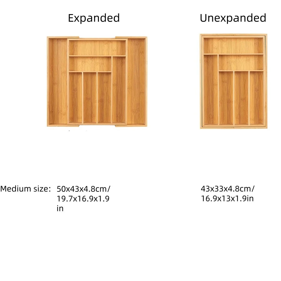 Bamboo Expandable Silverware & Cutlery Drawer Organiser | Adjustable Kitchen Utensil Tray