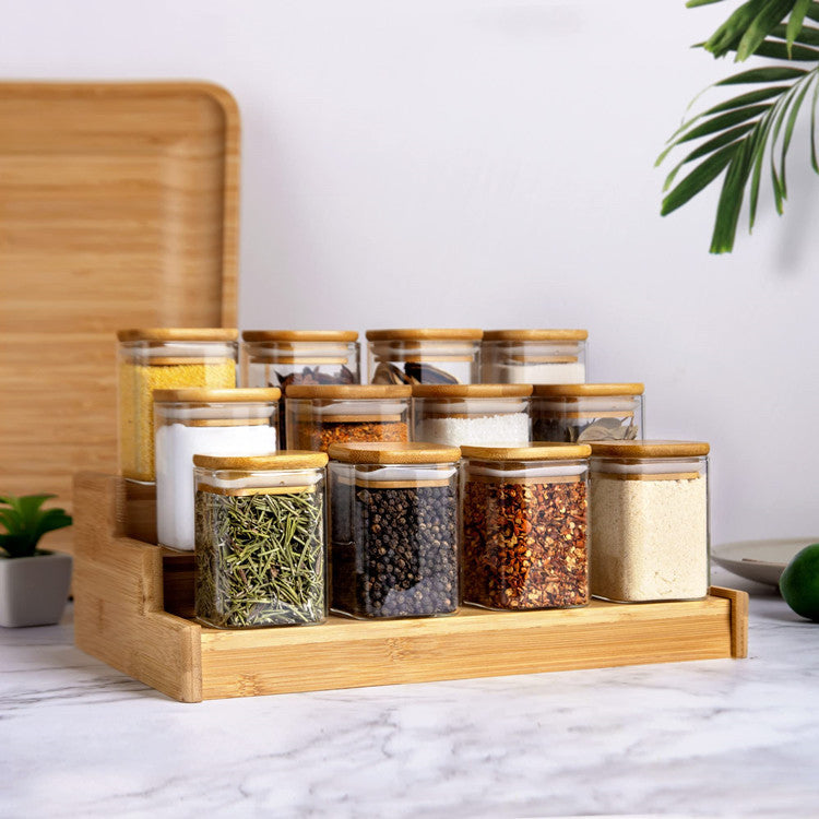 Square Glass Spice Jar Set with Bamboo Lids – Kitchen Organiser
