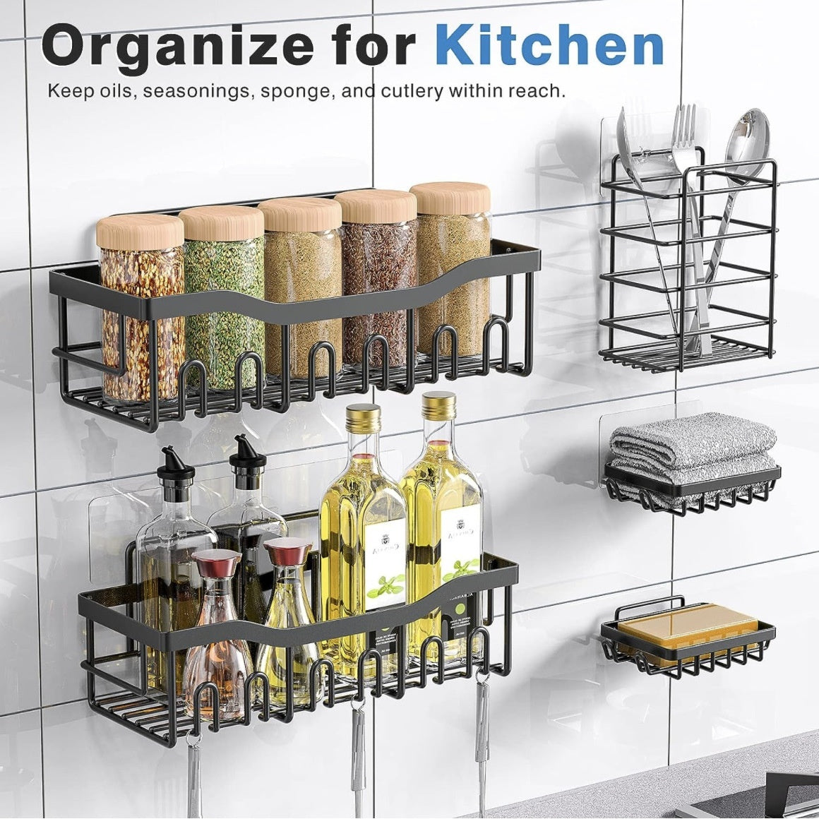 Punch-Free Bathroom Storage Rack – Carbon Steel Wall Organiser with Hooks