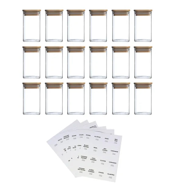 Square Glass Spice Jar Set – 18 Pieces with Bamboo Lids (240ml)