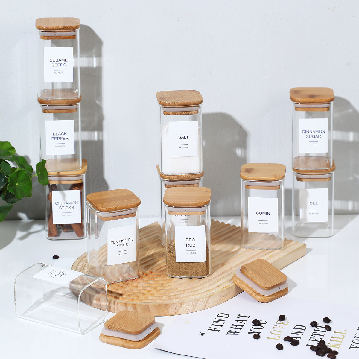 Square Glass Spice Jar Set – 12 Jars with 72 Labels