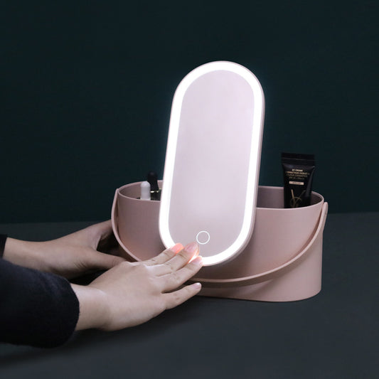 LED Lighted Makeup Mirror Organiser Box – Desktop Cosmetic Storage with Light