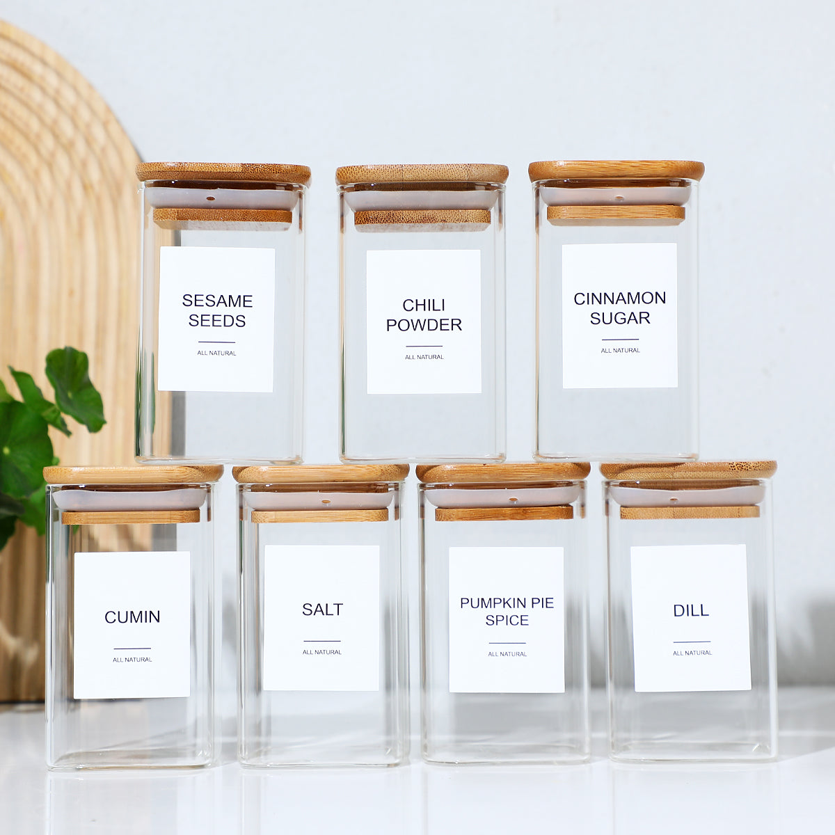 Square Glass Spice Jar Set – 12 Jars with 72 Labels