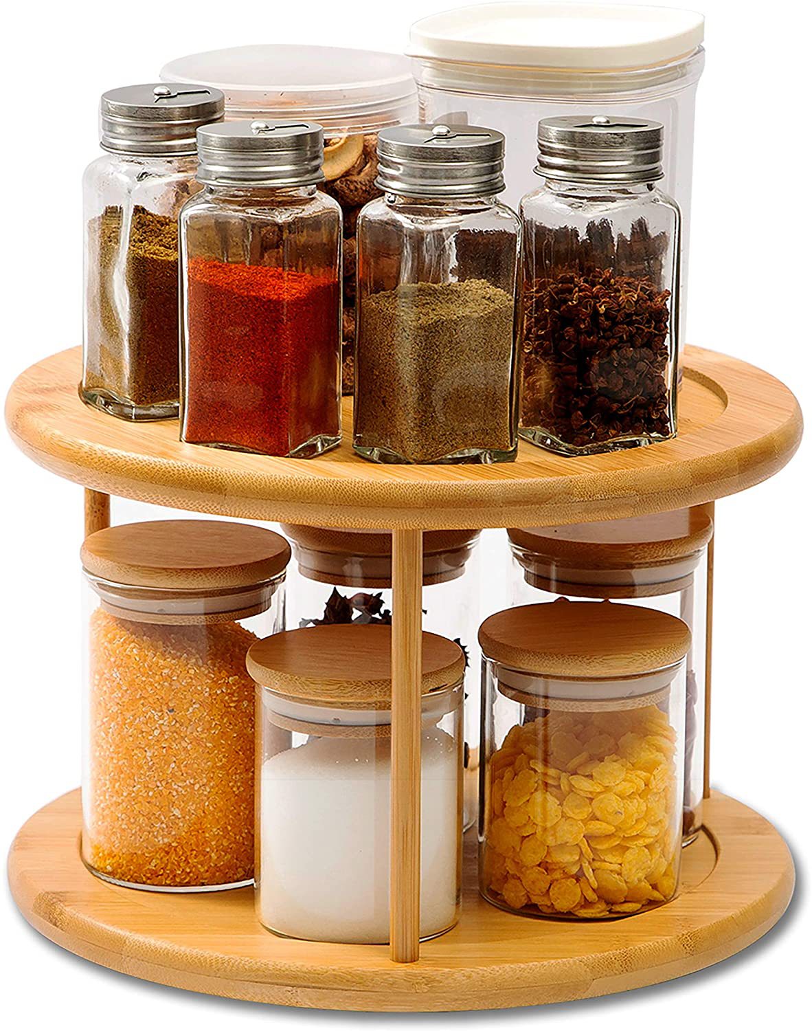 2-Tier Rotating Bamboo Spice Rack – 360° Turntable Kitchen Organiser