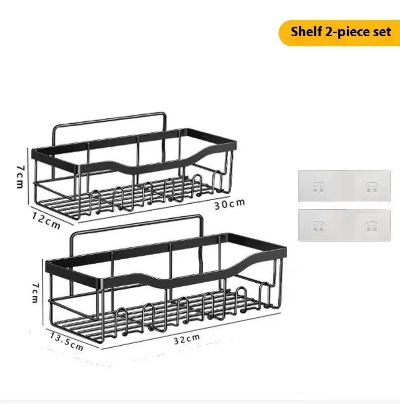 Punch-Free Bathroom Storage Rack – Carbon Steel Wall Organiser with Hooks