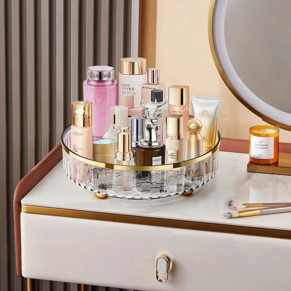 Rotating Luxury Cosmetic Organiser – Transparent Perfume & Skincare Display Tray