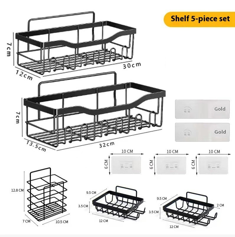 Punch-Free Bathroom Storage Rack – Carbon Steel Wall Organiser with Hooks