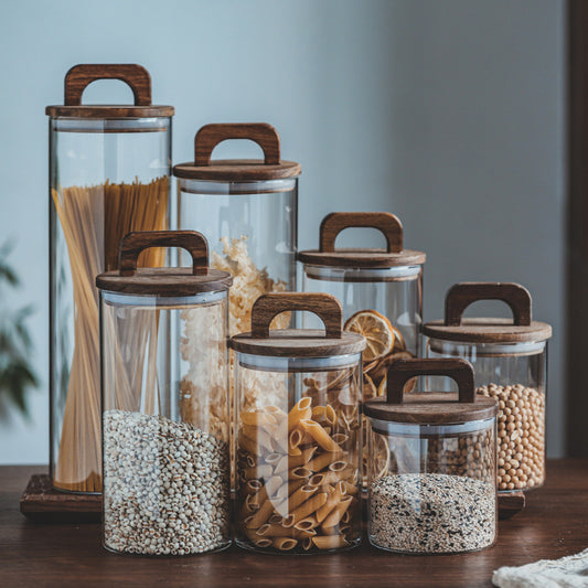 Large Glass Storage Jar with Solid Wood Lid – Japanese-Style Pantry Container