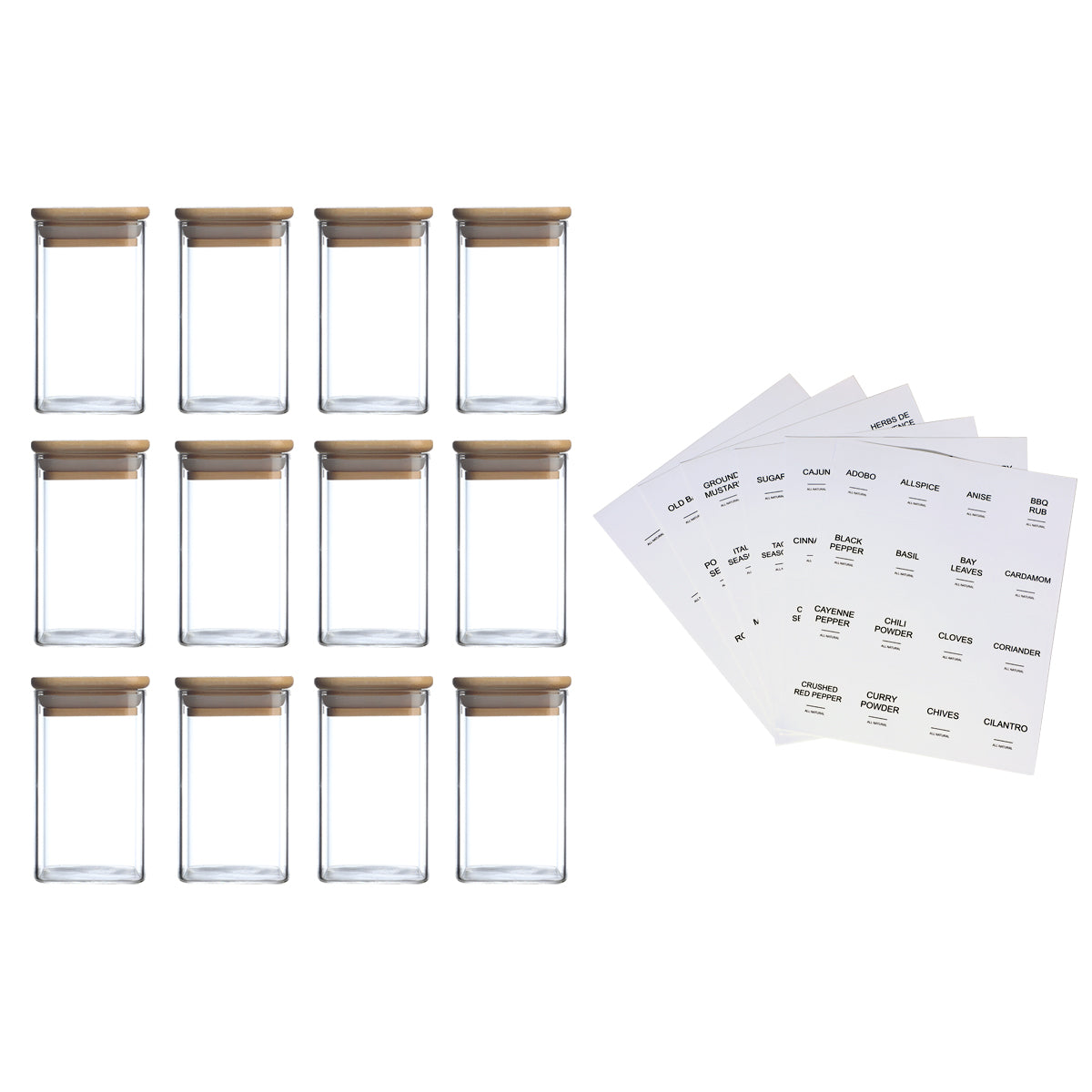 Square Glass Spice Jar Set – 12 Jars with 72 Labels