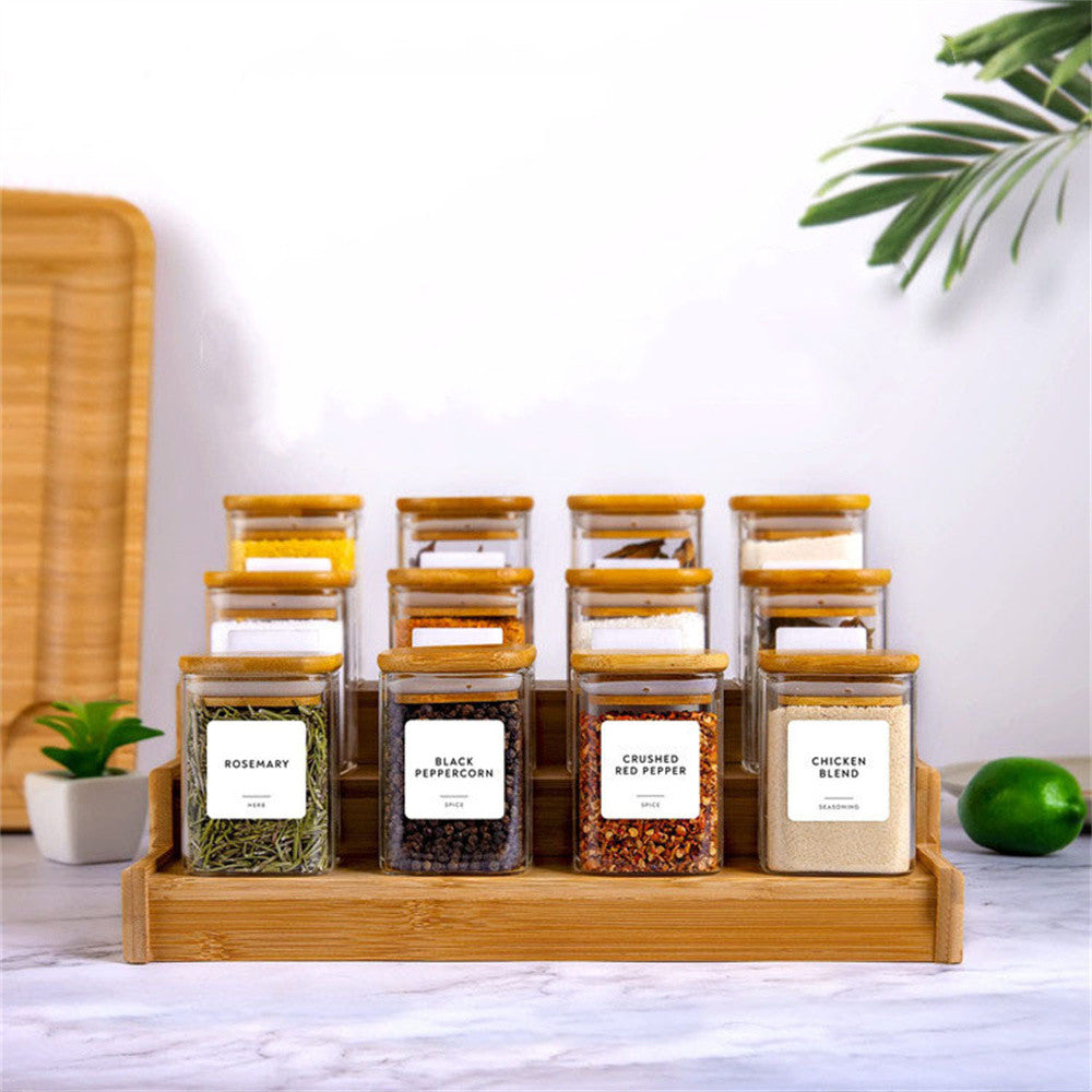 Square Glass Spice Jar Set with Bamboo Lids – Kitchen Organiser