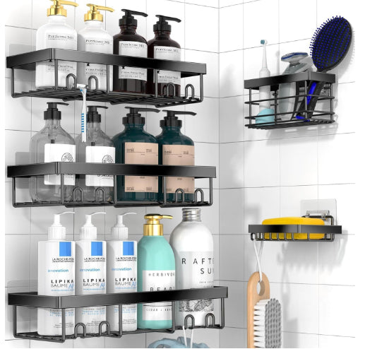 Punch-Free Bathroom Storage Rack – Carbon Steel Wall Organiser with Hooks