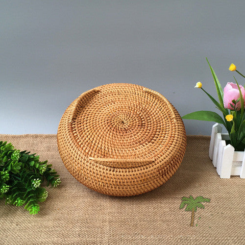 Round Rattan Wicker Basket with Lid – Handwoven Multi-Purpose Storage Tray