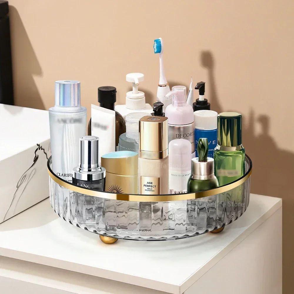 Rotating Luxury Cosmetic Organiser – Transparent Perfume & Skincare Display Tray