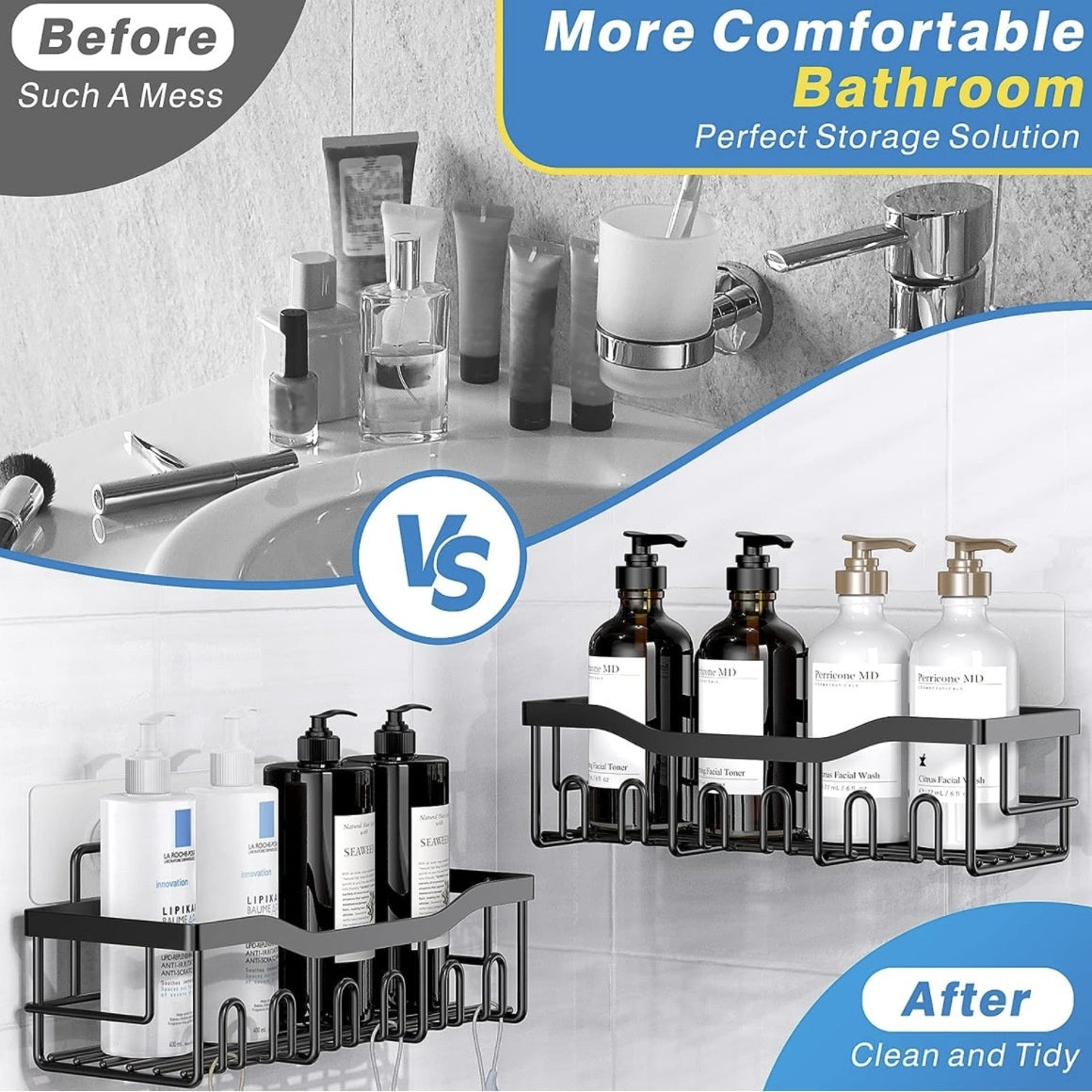 Punch-Free Bathroom Storage Rack – Carbon Steel Wall Organiser with Hooks