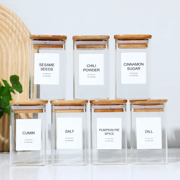 Square Glass Spice Jar Set – 18 Pieces with Bamboo Lids (240ml)