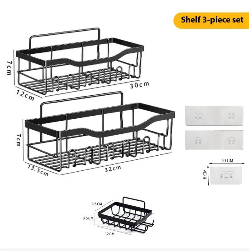 Punch-Free Bathroom Storage Rack – Carbon Steel Wall Organiser with Hooks