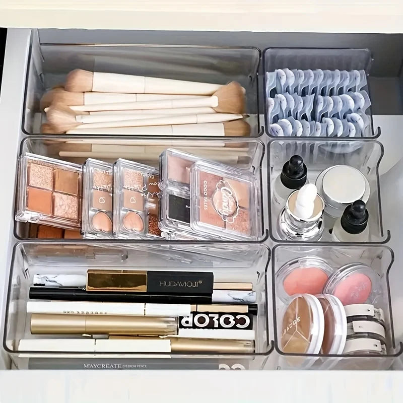 Clear Makeup Organiser Set of 7 | Stackable Drawer Dividers for Cosmetics & Desk Storage