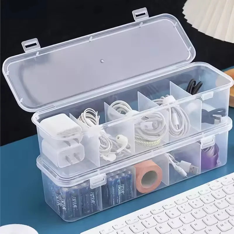 Clear Desktop Cable Organiser Box with Lid | Dustproof Divider Box for Cords & Chargers