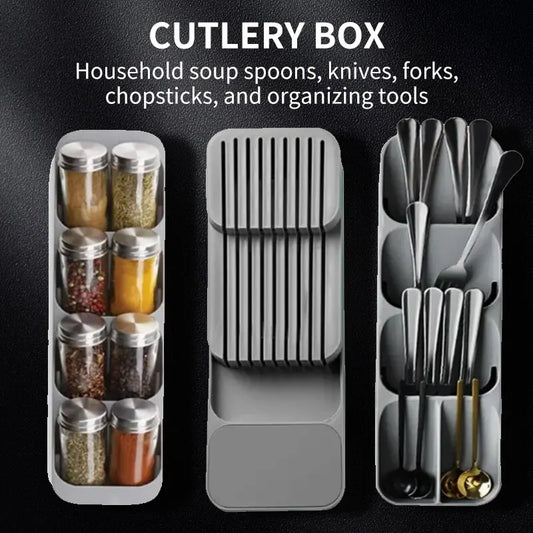 Kitchen Drawer Cutlery Storage Tray | Knife, Spoon, Fork & Spice Bottle Organiser