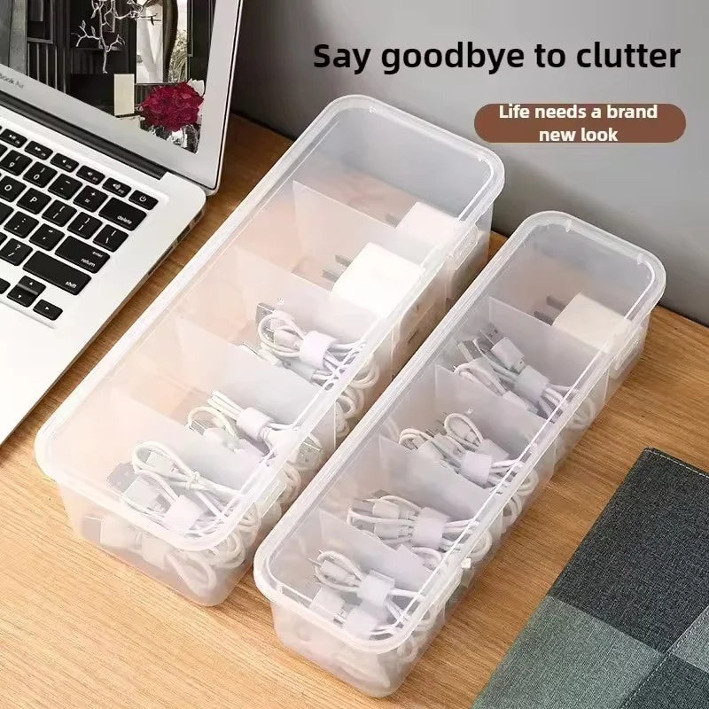 Clear Desktop Cable Organiser Box with Lid | Dustproof Divider Box for Cords & Chargers