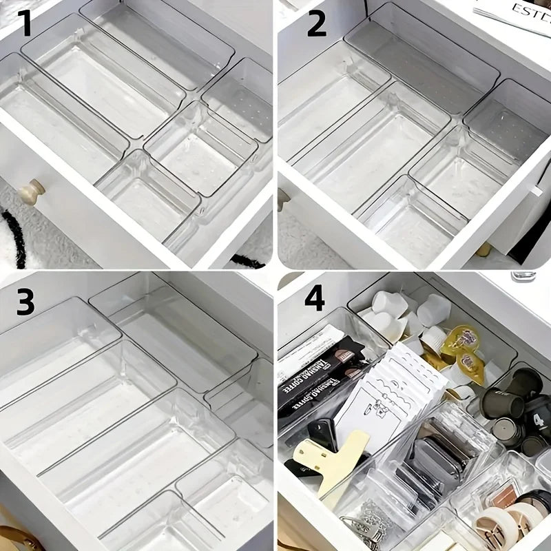 Clear Makeup Organiser Set of 7 | Stackable Drawer Dividers for Cosmetics & Desk Storage