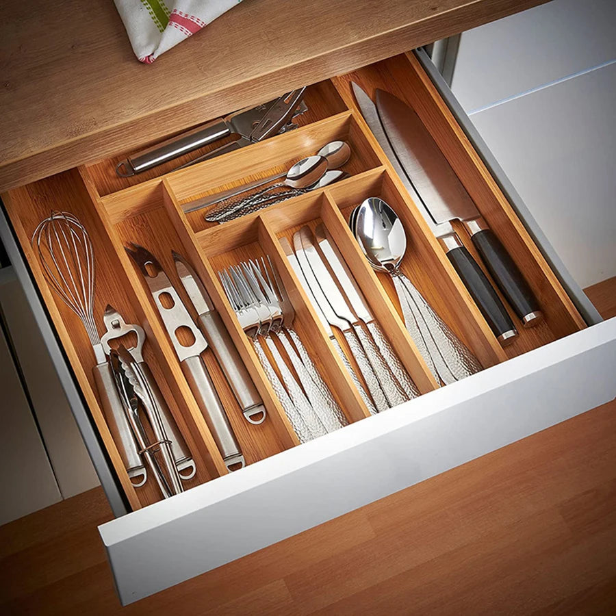 Bamboo Expandable Silverware & Cutlery Drawer Organiser | Adjustable Kitchen Utensil Tray
