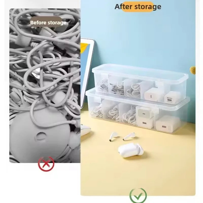 Clear Desktop Cable Organiser Box with Lid | Dustproof Divider Box for Cords & Chargers
