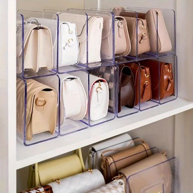 Clear Acrylic Handbag Organiser with Customisable Dividers | Transparent Modular Shelf