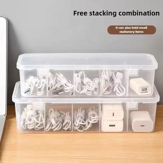 Clear Desktop Cable Organiser Box with Lid | Dustproof Divider Box for Cords & Chargers