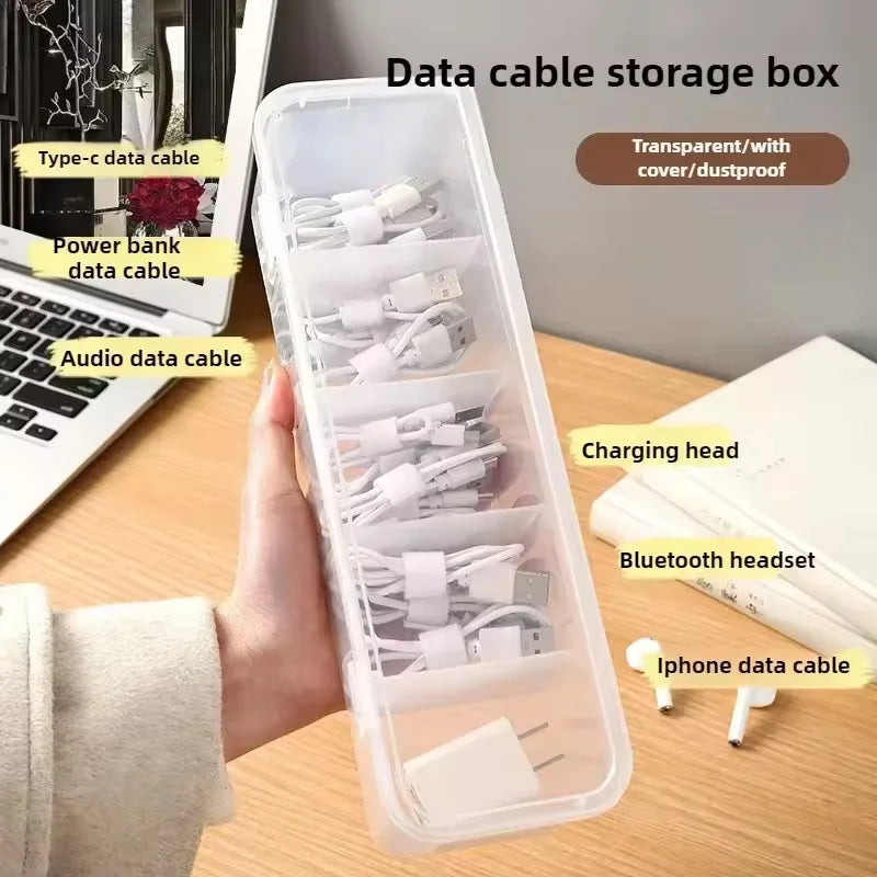 Clear Desktop Cable Organiser Box with Lid | Dustproof Divider Box for Cords & Chargers
