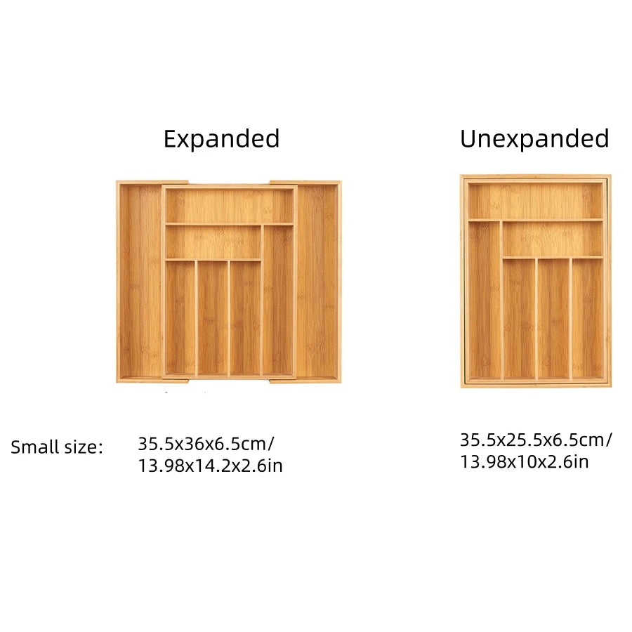 Bamboo Expandable Silverware & Cutlery Drawer Organiser | Adjustable Kitchen Utensil Tray