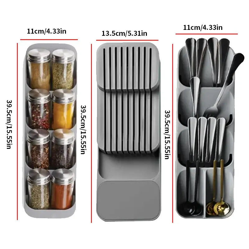 Kitchen Drawer Cutlery Storage Tray | Knife, Spoon, Fork & Spice Bottle Organiser