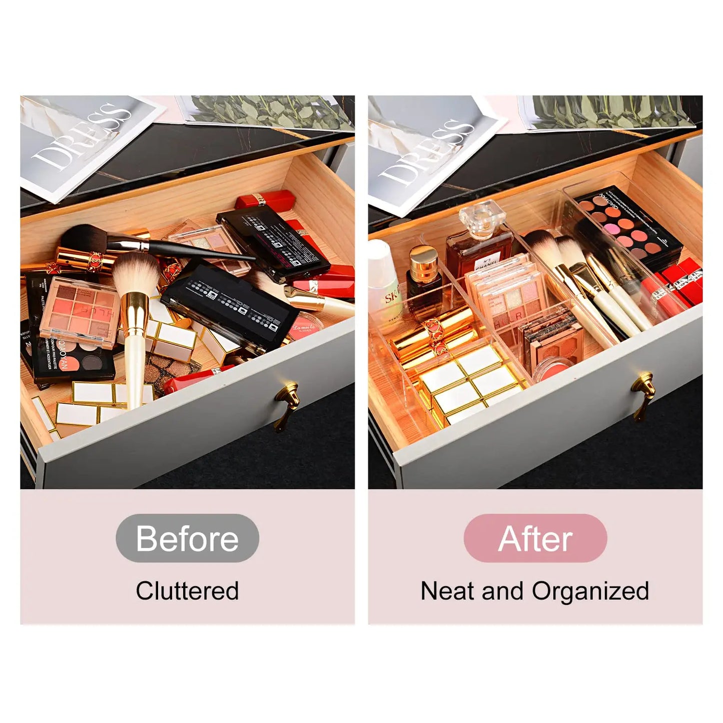Clear Makeup Organiser Drawer Divider Box | Vanity, Bathroom & Kitchen Cabinet Storage