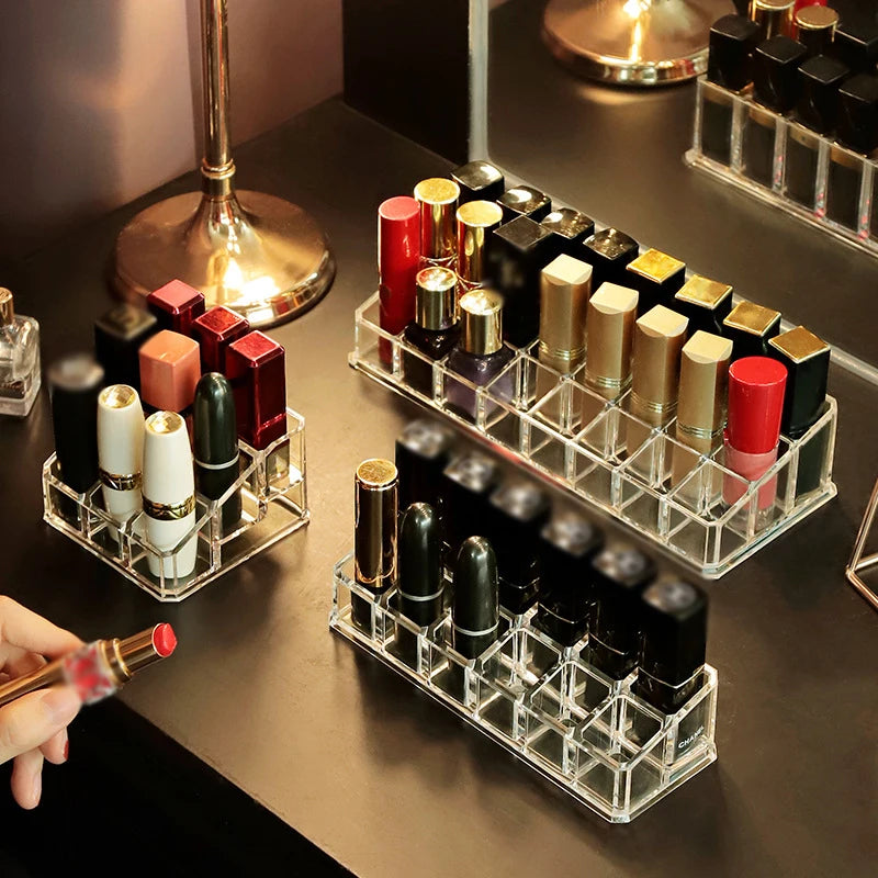 Clear 12-Grid Lipstick Stand & Makeup Organiser | Cosmetic Display Holder for Vanity