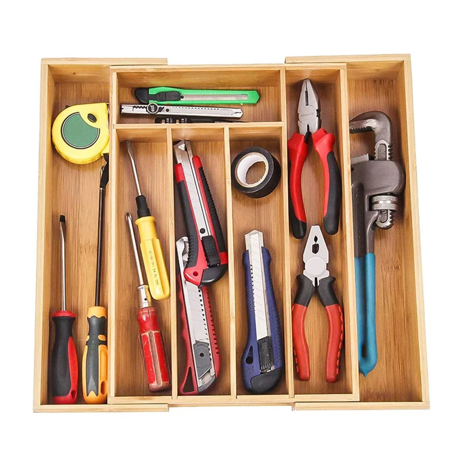 Bamboo Expandable Silverware & Cutlery Drawer Organiser | Adjustable Kitchen Utensil Tray