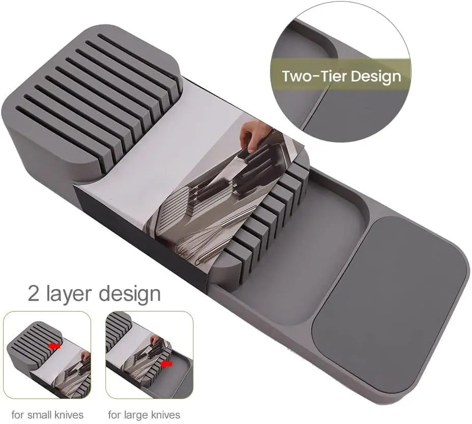 Kitchen Drawer Knife Organiser Tray | 9-Slot 2-Level Block Rack | Holds Up to 18 Knives