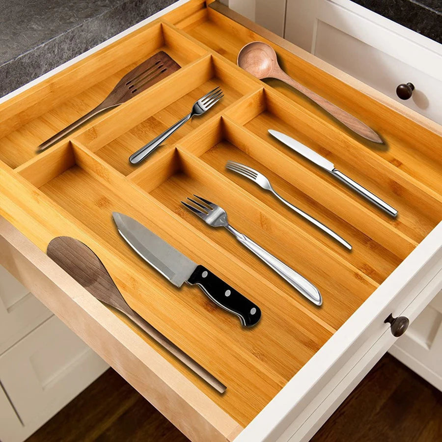 Bamboo Expandable Silverware & Cutlery Drawer Organiser | Adjustable Kitchen Utensil Tray