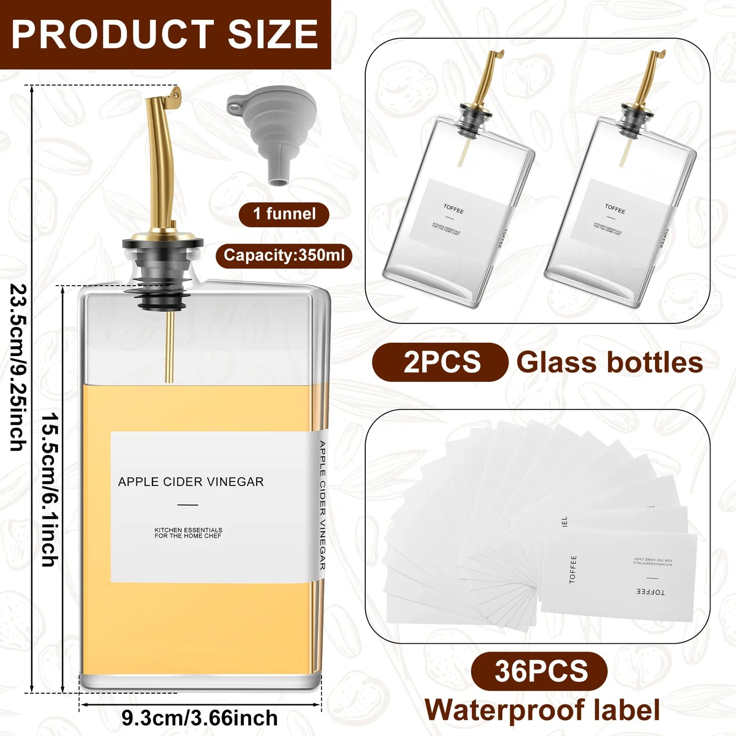 Glass Olive Oil Dispenser Bottles 350ml | Set of 2 with Precision Nozzle & Labels