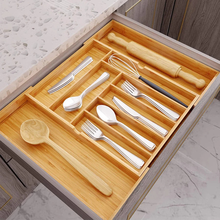 Bamboo Expandable Silverware & Cutlery Drawer Organiser | Adjustable Kitchen Utensil Tray