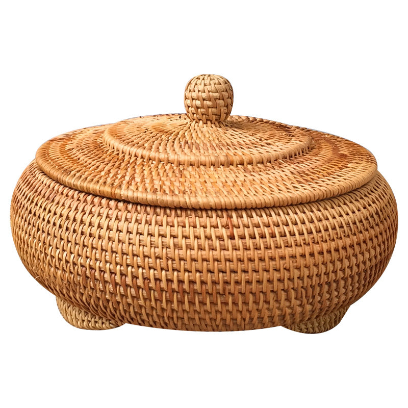 Round Rattan Wicker Basket with Lid – Handwoven Multi-Purpose Storage Tray