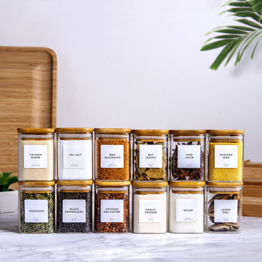 Square Glass Spice Jar Set with Bamboo Lids – Kitchen Organiser
