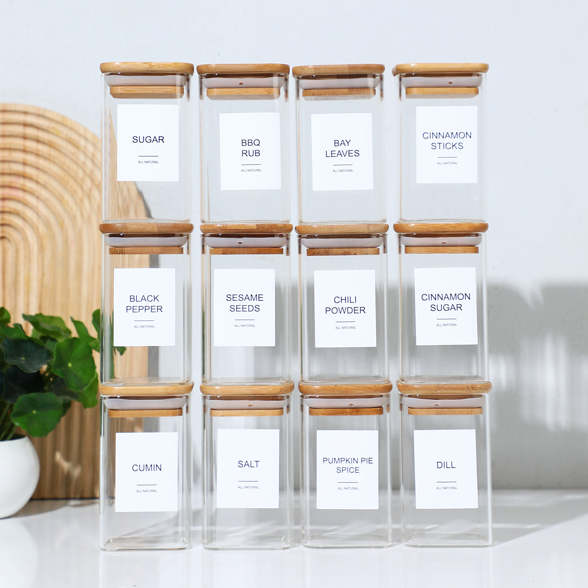 Square Glass Spice Jar Set – 12 Jars with 72 Labels