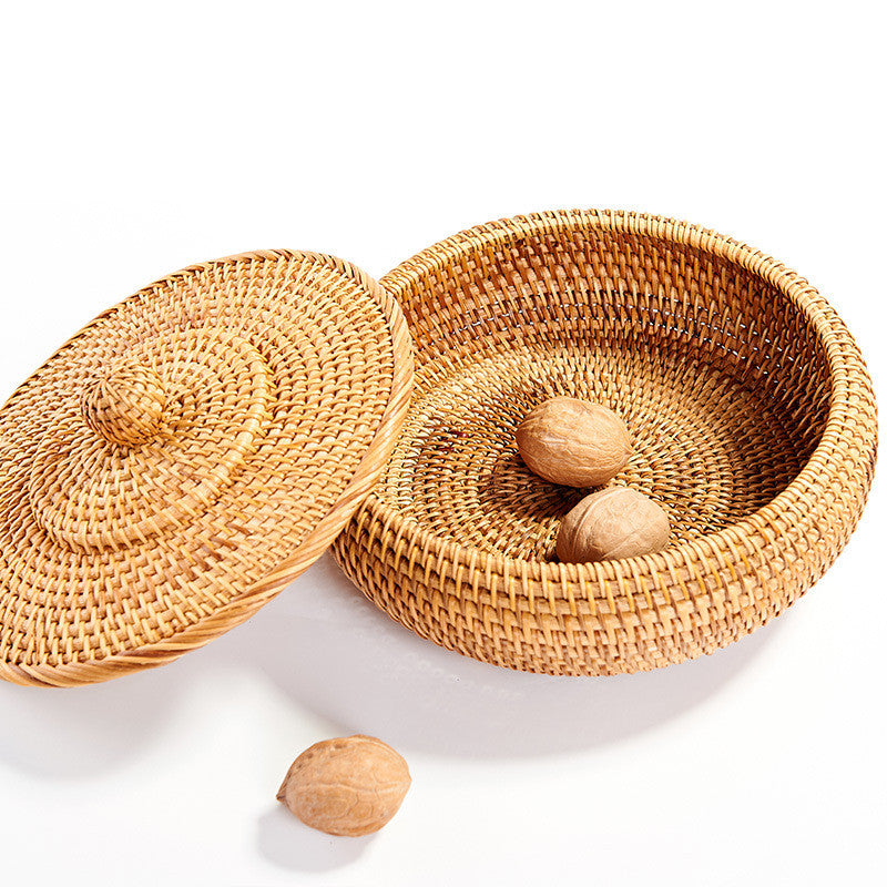 Round Rattan Wicker Basket with Lid – Handwoven Multi-Purpose Storage Tray