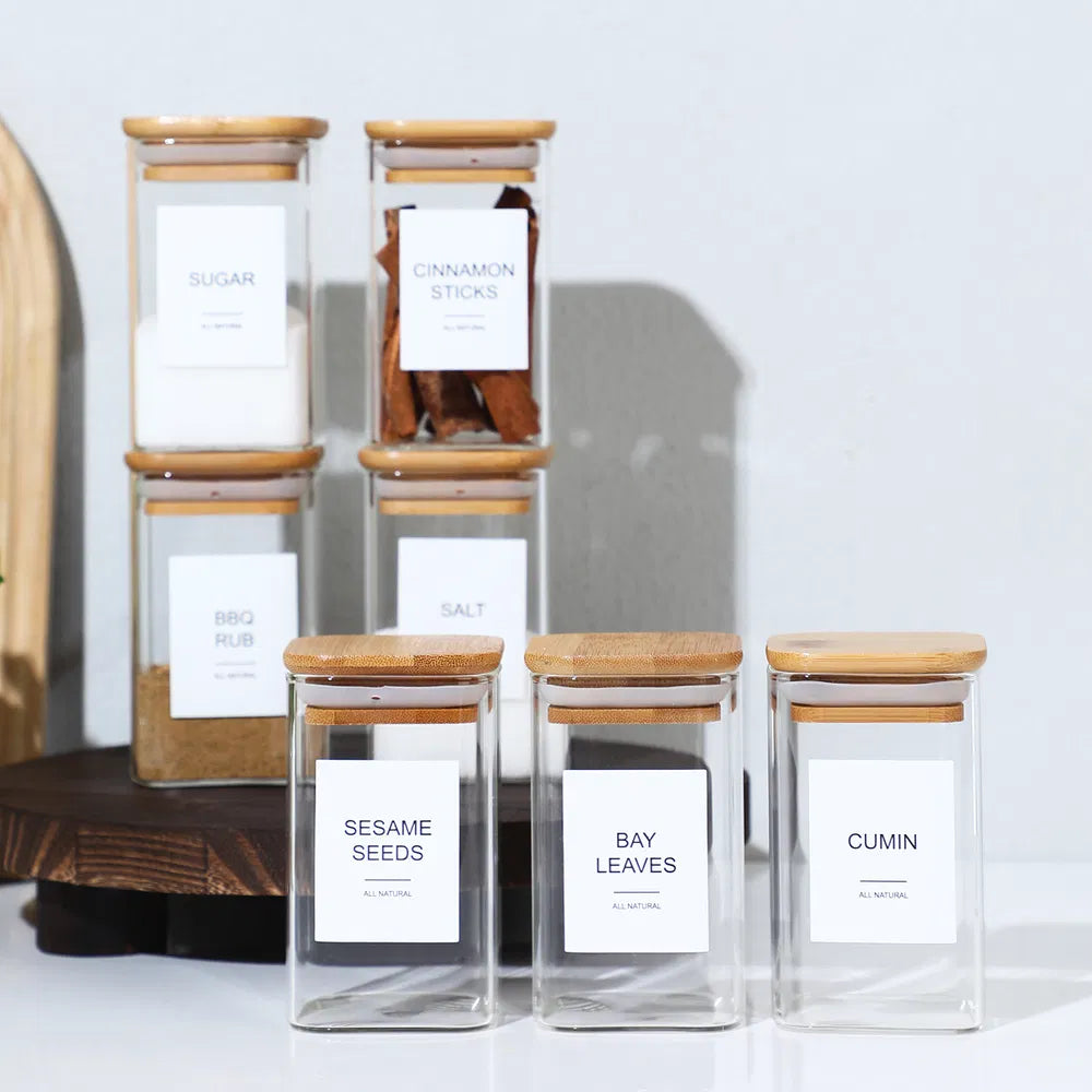 Square Glass Spice Jar Set – 18 Pieces with Bamboo Lids (240ml)
