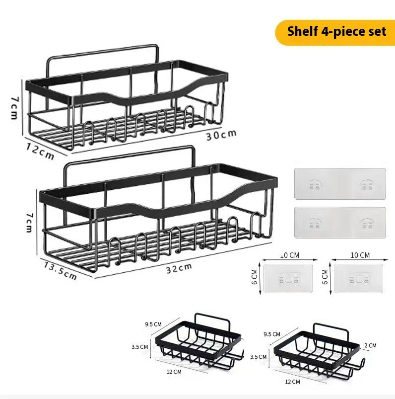 Punch-Free Bathroom Storage Rack – Carbon Steel Wall Organiser with Hooks