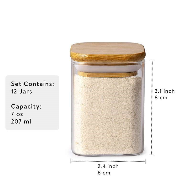 Square Glass Spice Jar Set with Bamboo Lids – Kitchen Organiser